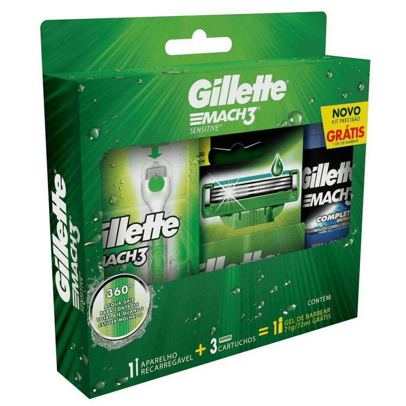 Aparelho-de-Barbear-Gillette-Mach3-Acqua-Grip-Sensitive-2-Cargas-Gel-de-Barbear-Gillette-Mach3-Complete-Defense-72mlAparelho-Barbear-Mach3-Acqua---Carga-2un-Sensitive---Minigel-71g