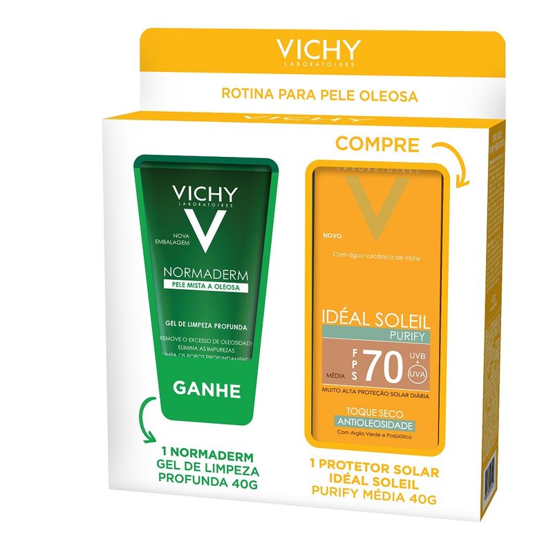 Protetor-Solar-Ideal-Soleil-Purify-Pele-Media-FPS70-40G--Gel-Limpeza-Profunda-Normaderm-40g-Gratis