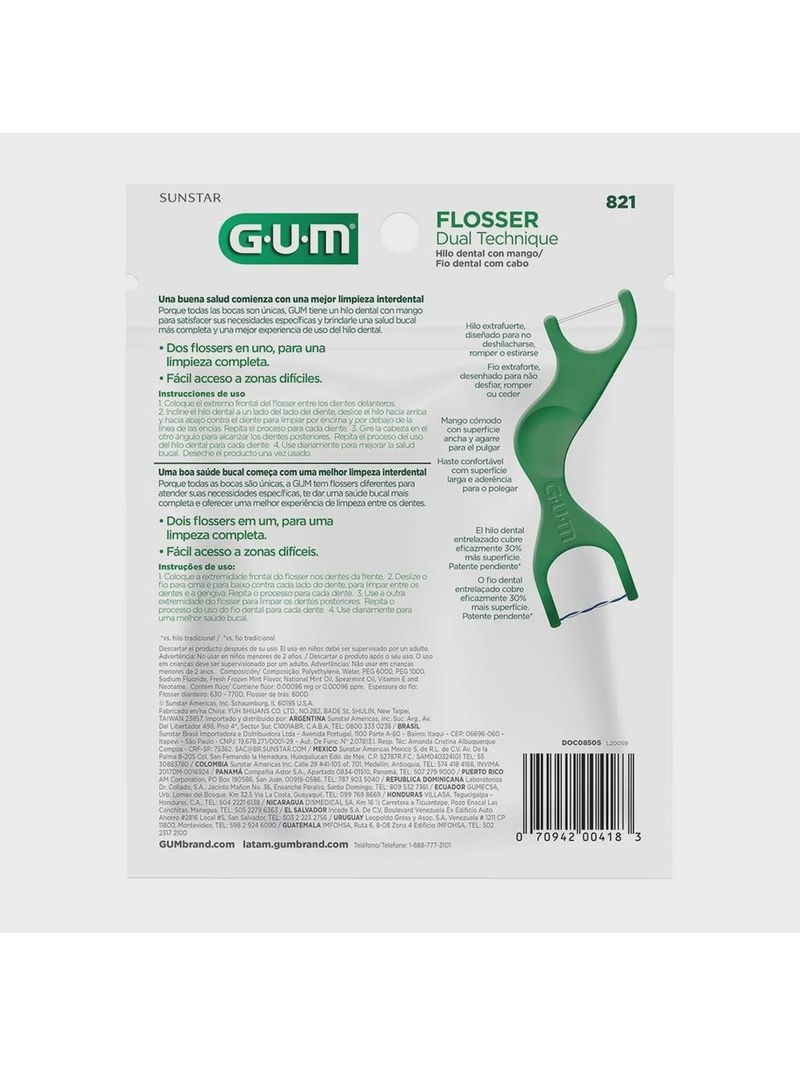 Flosser Dual Technique 2 em 1, GUM®, Fio Dental Adulto com Cabo